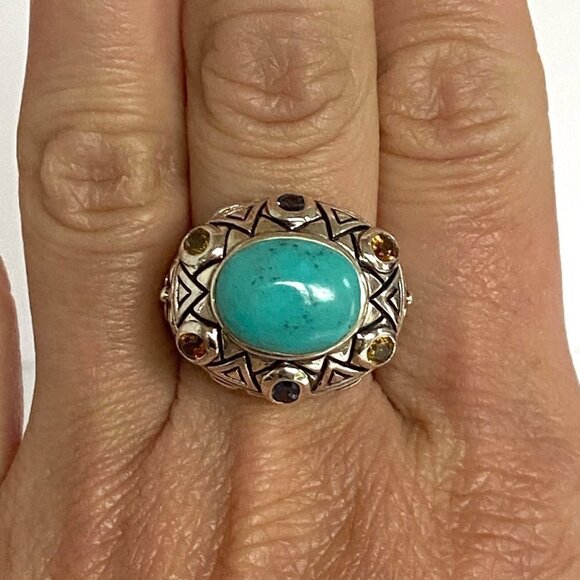 Sterling Silver 925 Thailand Turquoise Multi Gemstone Dome Statement Ring 7.75 - Picture 12 of 16